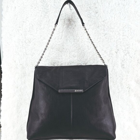 B MAKOWSKY Black Texture Leather Shoulder Bag Silver Chain and Leather Strap - Picture 4 of 15